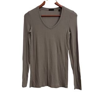 ATM Sage Green Ribbed Long Sleeve V Neck Top S/P Fitted Minimalist Essential